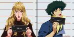  1boy 1girl barbie_(franchise) barbie_(live_action) barbie_mugshot_(meme) blonde_hair blue_eyes cowboy_bebop formal green_hair hair_between_eyes highres holding julia_(cowboy_bebop) lipstick lucyguusi makeup meme necktie open_mouth portrait red_eyes shirt spike_spiegel teeth yellow_shirt 