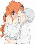  2girls blue_hair checkered_hairband closed_eyes collared_shirt commentary hand_on_another&#039;s_face kiss long_hair multiple_girls orange_hair partially_undressed reverse:1999 shirt simple_background sonetto_(reverse:1999) undressing_another vertin_(reverse:1999) white_background white_shirt xiao_lu yuri 