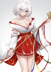  1girl absurdres azur_lane bare_shoulders bell blue_eyes breasts cleavage collarbone cowboy_shot dead_or_alive dead_or_alive_xtreme detached_sleeves eyes_visible_through_hair hair_over_one_eye hakama hakama_skirt hand_up highres hip_vent holding japanese_clothes jingle_bell kagura_suzu large_breasts light_blush luna_(doa) nontraditional_miko parted_lips red_hakama short_hair sidelocks simple_background skirt solo thighs ueyama_0clock white_background white_hair 