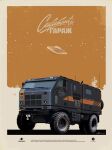  english_commentary flying_saucer ground_vehicle motor_vehicle no_humans original partially_translated poster_(medium) radio_antenna russian_text science_fiction signature spacecraft star_(symbol) tkachenko_andrey translation_request truck ufo vehicle_focus 