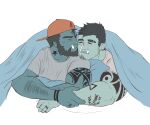  2boys =_= absurdres arm_hair arm_tattoo backwards_hat bara baseball_cap beard blue_skin blush clay_(lancelotsteele) colored_skin couple cuddling eyebrow_cut facial_hair flat_color goatee_stubble green_skin hand_on_another&#039;s_arm happy hat highres kiss kissing_cheek large_pectorals loving_aura lying male_focus mature_male monster_boy multiple_boys muscular muscular_male mustache_stubble on_stomach orc original pectorals rusl_(ruslorc) ruslorc shirt short_hair sideburns sideburns_stubble sparse_stubble t-shirt tattoo thick_eyebrows tusks under_covers upper_body yaoi 