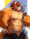  2023 abs abstract_background anthro armpit_hair barazoku beard biceps big_muscles bodily_fluids body_hair bottomwear bowser bracelet bulge cellphone clothing collar deedea deltoids eyebrows eyewear facial_hair frown hair hi_res holding_object holding_phone horn huge_muscles jewelry koopa male manly mario_bros muscular muscular_anthro muscular_male musk navel nintendo nipples non-mammal_nipples pants pecs phone scalie serratus shadow signature simple_background smartphone solo spiked_bracelet spiked_collar spikes standing sunglasses sweat teeth text underwear unzipped url zipper 
