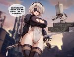  1girl black_blindfold black_gloves black_hairband black_thighhighs blindfold breasts cleavage cleavage_cutout clothing_cutout cloud english_text foxyreine gloves gradient_sky hairband highleg highleg_leotard holding holding_sword holding_weapon katana leotard long_sleeves mole mole_under_mouth nier:automata nier_(series) parted_lips pod_(nier:automata) puffy_sleeves short_hair sky solo speech_bubble sword tassel thigh_gap thighhighs thighs two-tone_leotard weapon white_hair yorha_no._2_type_b 