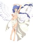  1girl absurdres angel_wings arm_ribbon arm_up armpits bare_shoulders barefoot bikini bikini_skirt blue_eyes blue_hair braid breasts closed_mouth crossed_bangs feathered_wings feet full_body groin hair_between_eyes highres kevcrexx long_hair looking_at_viewer mushoku_tensei navel patreon_username ribbon roxy_migurdia simple_background small_breasts solo swimsuit tunic twin_braids white_background white_wings wings 