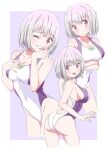 1girl absurdres ass breasts competition_swimsuit cowboy_shot gridman_universe highres large_breasts light_purple_hair looking_at_viewer multiple_views one-piece_swimsuit parted_lips red_eyes shinjou_akane sho_(shoshos_8888) short_hair ssss.gridman swimsuit two-tone_swimsuit white_one-piece_swimsuit 