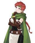  1girl armor artist_request atelier_(series) atelier_marie bracelet braid breastplate brown_gloves cape closed_mouth crescent crescent_earrings earrings fingerless_gloves gloves green_cape green_headband grey_eyes hand_on_own_chin headband jewelry loincloth long_hair natalie_kohdelia official_art red_hair simple_background single_braid single_earring smile solo standing transparent_background 