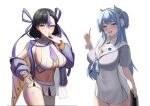  2girls :d absurdres alternate_breast_size animal_ear_headphones animal_ears black_hair blue_eyes blue_hair blue_neckerchief blue_serafuku blush bodam breasts cleavage_cutout clothing_cutout collared_dress covered_navel crop_top dress fake_animal_ears goddess_of_victory:_nikke grin hair_ribbon hand_on_own_chin hand_on_own_hip headphones headset highres holding holding_tablet_pc jacket large_breasts leg_tattoo long_hair looking_at_viewer miniskirt mole mole_under_eye multicolored_hair multicolored_shirt multiple_girls navel neckerchief necktie off_shoulder open_mouth parted_lips purple_eyes purple_hair purple_jacket purple_necktie purple_ribbon ribbon school_uniform serafuku shifty_(nikke) short_hair short_necktie short_sidetail short_sleeves simple_background skirt smile streaked_hair syuen_(nikke) tablet_pc tattoo two-tone_hair white_background white_skirt 