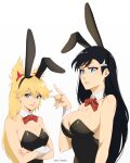 2girls absurdres alternate_costume animal_ears artist_name black_hair black_leotard blonde_hair blue_eyes bow bowtie breasts burn_the_witch cleavage closed_mouth collaboration crossed_arms detached_collar english_commentary fake_animal_ears fox_shadow_puppet green_eyes hair_between_eyes hand_up highres large_breasts leotard long_hair medium_breasts multiple_girls niihashi_noel ninny_spangcole playboy_bunny rabbit_ears rakusakugk red_bow red_bowtie smile stayaliveplz white_background white_wrist_cuffs 