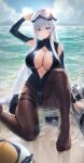  1girl absurdres azur_lane beach blue_one-piece_swimsuit breasts chochomi highres ocean one-piece_swimsuit pantyhose pantyhose_under_swimsuit swimsuit thick_thighs thighs torn_clothes torn_pantyhose wet yostar 