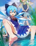  2girls ;d absurdres bare_legs barefoot bloomers blue_bow blue_dress blue_eyes blurry blurry_foreground bongnom bow breasts cirno commentary_request daiyousei dandelion day dress dutch_angle fairy_wings feet flower foot_focus grass hair_between_eyes hair_bow highres ice ice_wings knee_up legs looking_at_viewer multiple_girls one_eye_closed open_mouth outdoors perspective puffy_short_sleeves puffy_sleeves short_sleeves sky small_breasts smile soaking_feet soles solo_focus spread_legs spread_toes toes touhou underwear wings yellow_flower 