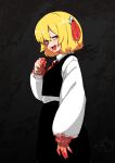 1girl absurdres black_skirt black_vest blonde_hair blood blood_on_clothes blood_on_face blood_on_hands blush breasts collared_shirt commentary_request cowboy_shot fang from_side grey_background hair_between_eyes hair_ribbon highres kurodani_yamame long_sleeves looking_at_viewer looking_to_the_side medium_bangs open_mouth red_eyes red_ribbon ribbon rinyamame rumia shirt short_hair skirt skirt_set small_breasts smile solo tongue tongue_out touhou vest white_shirt 