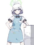  1girl apron badge blue_archive blue_eyes bow bowtie box breasts button_badge closed_mouth collared_shirt feet_out_of_frame frown halo hand_on_own_hip helmet highres legs_apart looking_at_viewer medium_breasts name_tag purple_hair saki_(blue_archive) shirt short_hair short_sleeves simple_background solo standing straight_hair sweatdrop uni_gyoza v-shaped_eyebrows watch white_background white_shirt wristwatch 