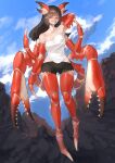  1girl absurdres arm_behind_head arm_up arthropod_girl arthropod_limbs black_shorts blue_background blue_eyes blue_sky breasts brown_background brown_hair carapace cloud cloudy_sky colored_skin commission crab_girl extra_arms full_body grin groin highres large_breasts long_hair looking_at_viewer monster_girl multicolored_background multicolored_skin original outdoors pincers red_skin sharp_teeth short_shorts shorts skeb_commission sky smile solo standing strap_slip sumosamo tank_top teeth white_tank_top 