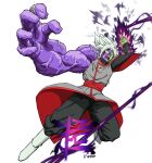  1boy absurdres angry arms_up artist_name baggy_pants bakarott black_pants black_shirt boots buttons colored_sclera colored_skin commentary dougi dragon_ball dragon_ball_super earrings energy english_commentary full_body fused_zamasu green_skin grey_eyes heterochromia highres jewelry long_sleeves male_focus mismatched_sclera multicolored_skin open_mouth oversized_limbs pants parted_bangs pointy_ears potara_earrings purple_skin red_eyes red_sash sash shirt simple_background solo spiked_hair teeth tongue v-shaped_eyebrows veins white_background white_footwear white_hair yellow_sclera zamasu 