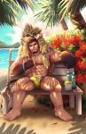  1boy abs animal_hood anklet bara beach boar_boy boar_hood body_fur brown_hair bulge bush dark-skinned_male dark_skin erection erection_under_clothes facial_hair fang full_body goatee gullinbursti_(housamo) happy highres hood hot jewelry large_pectorals laughing lgbt_pride long_sideburns male_focus male_swimwear mature_male muscular muscular_male navel nipples ocean official_alternate_costume on_bench pectorals rainbow_gradient sand sanmarugaru short_hair sideburns sitting solo spread_legs stomach swim_briefs thick_eyebrows thick_thighs thighs tokyo_afterschool_summoners topless_male tree_shade wet yellow_male_swimwear 