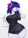  anthro big_breasts blue_hair breasts clothing female generation_4_pokemon hair hi_res land_forme_shaymin legendary_pokemon nintendo pillow pokemon pokemon_(species) shaymin shirt solo t-shirt thick_thighs tired topwear vtalna1 