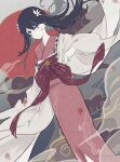 1girl bell black_hair blood blood_on_clothes blue_eyes bungou_stray_dogs closed_mouth cloud feet_out_of_frame flower grey_background hair_flower hair_ornament hand_up highres izumi_kyouka_(bungou_stray_dogs) japanese_clothes jellyfish_sz kimono long_hair red_kimono red_sash robe sash solo standing white_robe wide_sleeves 