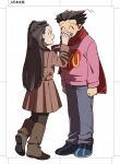  1boy 1girl ace_attorney black_hair blush boots braid brown_coat brown_footwear brown_hair closed_eyes coat full_body iris_(ace_attorney) long_hair long_sleeves looking_at_another open_mouth pants phoenix_wright phoenix_wright:_ace_attorney_-_trials_and_tribulations pink_sweater red_scarf scarf shoes short_hair smile standing sweater tissue wahootarou wiping_face 