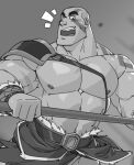  1boy ^^^ abs armor bald bara bare_pectorals blue_skin blush bulge cheschirebacon chest_harness colored_skin cowboy_shot critical_role greyscale grog_strongjaw harness head_tattoo highres holding holding_polearm holding_weapon large_pectorals loincloth looking_down male_focus mature_male monochrome muscular muscular_male navel nipples open_mouth out-of-frame_censoring paid_reward_available pauldrons pectorals polearm shoulder_armor shoulder_tattoo single_pauldron solo stomach sweatdrop tattoo the_legend_of_vox_machina thick_eyebrows weapon 