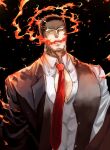  1boy bara breathing_fire facial_hair fire formal highres itaru_(kidomh63) large_pectorals looking_at_viewer male_focus mature_male muscular muscular_male necktie partially_unbuttoned pectoral_cleavage pectorals pyrokinesis red_necktie short_hair solo stubble suit tokyo_afterschool_summoners upper_body zabaniyya_(fashionista_suit)_(housamo) zabaniyya_(housamo) 
