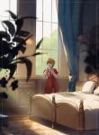  1boy bed bedroom blue_eyes curtains earrings final_fantasy final_fantasy_xvi highres indoors jewelry joshua_rosfield looking_to_the_side orange_hair ouka_(stan) pillow plant red_robe robe short_hair signature single_earring solo window wooden_floor 