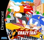  2boys animal_ears animal_nose car collisionchaox commentary cover crazy_taxi crossover day dr._eggman driving english_commentary furry furry_male gloves goggles goggles_on_head green_eyes highres jacket long_sleeves male_focus motor_vehicle multiple_boys open_mouth outdoors red_jacket road sega smile sonic_(series) sonic_the_hedgehog standing street taxi video_game_cover white_gloves 