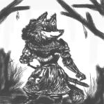  1:1 anthro armor canid canine canis clothed clothing digital_drawing_(artwork) digital_media_(artwork) eeevveee female fluffy_chest fully_clothed mammal mane melee_weapon monochrome neck_tuft sketch solo sword tail tuft weapon wolf 