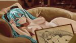  1girl aqua_eyes aqua_hair aqua_nails arm_up arms_up aruman breasts collarbone commentary completely_nude couch drawing female_pubic_hair hands_up hatsune_miku highres indoors large_breasts long_hair looking_at_viewer navel nipples nude on_couch paid_reward_available pubic_hair scene_reference smile solo_focus thighhighs titanic_(movie) twintails very_long_hair vocaloid 