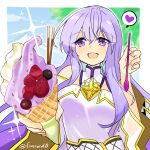  1girl bare_shoulders breasts circlet dress fire_emblem fire_emblem:_genealogy_of_the_holy_war food heart holding holding_food holding_spoon ice_cream ice_cream_cone julia_(fire_emblem) long_hair open_mouth pocky purple_eyes purple_hair solo spoken_heart spoon yukia_(firstaid0) 