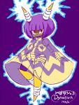  1girl artist_name black_cape bob_cut cape character_name claws dark-skinned_female dark_skin dynatron_(mighty_no._9) electricity full_body horns joints light_bulb looking_at_viewer mighty_no._9 mutsuki_(pixiv116518) no_feet open_mouth purple_background purple_hair red_eyes robot robot_girl robot_joints see-through_cape sharp_teeth short_hair simple_background slit_pupils smile solo teeth two-tone_cape very_dark_skin yellow_cape yellow_horns 