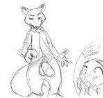  anthro canid canine disney duo female fox genitals judy_hopps lagomorph leporid line_art looking_at_viewer male male/female mammal necktie nick_wilde penis penis_through_fly poking_out presenting presenting_penis rabbit sabrotiger simple_background surprise white_background zootopia 