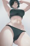  1girl armpits arms_up ass_visible_through_thighs bra cameltoe chainsaw_man cowboy_shot eyepatch from_below green_bra green_eyes green_hair green_panties grey_background highres himeno_(chainsaw_man) looking_at_viewer looking_down navel one_eye_covered panties parted_lips short_hair simple_background solo sports_bra standing toraya_(doujintraya) underwear underwear_only 