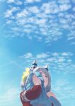  1girl animal_ears cloud contrapposto dated day ear_covers green_eyes grey_hair hands_up hishi_miracle_(umamusume) holding holding_towel horse_ears jacket long_sleeves looking_up open_mouth outdoors red_jacket short_hair sky solo standing sweat takuzui towel towel_around_neck track_jacket twitter_username umamusume upper_body wiping_sweat 