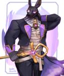  ankh anthro anubian_jackal bandage black_body black_fur butler canid canine canis dislyte dress_jacket dress_pants drew_(dislyte) fur glowing glowing_eyes hand_on_head hi_res jackal male mammal melon_airaiku purple_eyes raised_arm solo staff 