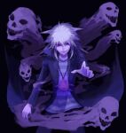  1boy black_background commentary_request evil_smile ghost grey_hair jacket long_hair male_focus millennium_ring open_clothes open_jacket purple_eyes reki_(misty_moon) shirt smile solo spiked_hair striped striped_shirt yami_bakura yu-gi-oh! yu-gi-oh!_duel_monsters 