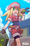  1girl artist_name belt blonde_hair brown_gloves building cabbie_hat cloud commentary_request covered_navel cropped_jacket day fingerless_gloves gloves green_eyes hand_up hat holding holding_wrench jacket long_hair looking_at_viewer mega_man_(series) mega_man_legends open_mouth outdoors red_headwear red_jacket red_shorts roll_caskett_(mega_man) shisui shorts smile solo walking wrench 