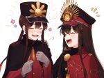  1boy 1girl black_headwear cape family_crest fate/grand_order fate_(series) hat long_hair long_sleeves military military_uniform oda_nobukatsu_(fate) oda_nobunaga_(fate) oda_uri peaked_cap red_cape siblings simple_background uniform yzrh0 