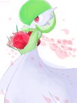  1girl artist_name bob_cut bouquet colored_skin commentary_request flower from_side gardevoir green_hair green_skin hair_over_one_eye highres holding holding_bouquet looking_to_the_side multicolored_skin one_eye_covered parted_lips petals pokemon pokemon_(creature) red_eyes red_flower short_hair signature solo standing twitter_username two-tone_skin white_background white_skin zen_(koko) 