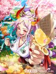  1girl blue_hair breasts cherry_blossoms chikuwa cleavage curled_horns daikon day earrings eating falling_petals food food_on_face hair_ornament hair_stick hakama hakama_pants holding holding_food hoop_earrings horns japanese_clothes jewelry kimono konnyaku_(food) large_breasts long_hair looking_at_viewer moroi multicolored_hair multicolored_horns oden one_piece oni open_mouth orange_horns outdoors pants petals pink_hair ponytail radish red_eyes round_teeth sleeveless sleeveless_kimono smile solo teeth tongue tree yamato_(one_piece) 