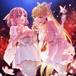  2girls :o bare_shoulders blonde_hair blue_eyes bow bracelet braid breasts brown_choker butterfly_cutout choker cleavage cleavage_cutout clothing_cutout dress earrings elbow_gloves elf flower food garter_straps gloves hands_up high_ponytail highres holding holding_food holding_ice_cream ice_cream ice_cream_cone jewelry large_breasts long_hair looking_at_another lucid_(maplestory) maplestory mercedes_(maplestory) multiple_girls nazo_kitsune open_mouth pantyhose pink_eyes pink_hair pointy_ears ponytail short_hair sleeve_bow thighhighs white_bow white_dress white_flower white_gloves white_pantyhose white_thighhighs zettai_ryouiki 