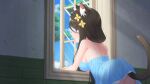  1girl against_window aina_(mao_lian) animal_ear_fluff animal_ears blue_dress blue_eyes breasts cat_ears cat_tail commentary_request cowboy_shot day dress hair_between_eyes hair_ornament highres indoors long_hair looking_outside mao_lian_(nekokao) medium_breasts open_window original short_dress sideboob solo spaghetti_strap tail window 