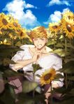  1boy blonde_hair blush boots cloud cloudy_sky collarbone day finger_to_mouth flower granblue_fantasy green_eyes higashigunkan large_pectorals light male_focus muscular muscular_male one_eye_closed outdoors pectorals shirt short_hair shushing sky solo sunflower upper_body vane_(granblue_fantasy) white_background 