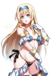  1girl alternate_costume armor bikini bikini_armor blonde_hair blue_eyes breasts commentary cowboy_shot dated gloves goblin_slayer! headpiece highres kankitukou long_hair looking_at_viewer open_mouth priestess_(goblin_slayer!) side-tie_bikini_bottom simple_background small_breasts solo swimsuit white_background white_gloves 