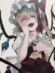  1girl ascot blonde_hair bow collared_shirt cowboy_shot crying crying_with_eyes_open crystal fangs flandre_scarlet frilled_shirt_collar frills hair_between_eyes hand_on_own_face hands_on_own_chest hat hat_bow hat_ribbon highres medium_hair mob_cap multicolored_wings nail_polish niseneko_(mofumofu_ga_ienai) one_side_up open_mouth puffy_short_sleeves puffy_sleeves red_bow red_eyes red_nails red_ribbon red_skirt red_vest ribbon shirt short_sleeves simple_background skirt skirt_set solo tears teeth touhou vest white_background white_headwear white_shirt wings yellow_ascot 