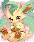  animal_focus blurry brown_eyes commentary_request depth_of_field highres leafeon looking_at_viewer nekogusa no_humans pink_background pokemon pokemon_(creature) solo yellow_fur 