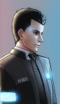  1boy black_eyes black_jacket black_necktie connor_(detroit) detroit:_become_human erkaz expressionless gradient_background highres jacket necktie profile solo upper_body 