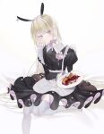  1girl absurdres animal_ears apron black_dress black_nails blonde_hair choker collared_dress dress expressionless food highres holding holding_plate long_hair looking_at_viewer msa_(fary_white) original pancake plate purple_eyes purple_ribbon rabbit_ears ribbon ribbon_choker sitting slit_pupils solo syrup thighhighs very_long_hair white_thighhighs 