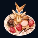  animal_focus black_background blank_eyes blue_eyes closed_mouth commentary_request fangs fangs_out food food_focus fruit full_body in_food looking_at_viewer macaron minimized no_humans own_hands_together plate pokemon pokemon_(creature) simple_background sitting solo strawberry tensaitou_tou v_arms victini 