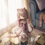  1girl animal_ears barefoot brown_eyes brown_hair cardigan cat_ears cat_girl cat_tail child clothes couch dress female_child indoors neoki_ohae one_eye_closed original pink_cardigan rubbing_eyes short_hair sitting sleepy solo tail white_dress window 