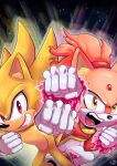 1boy 1girl absurdres blaze_the_cat burning_blaze clenched_hand fang forehead_jewel gold_necklace highres jacket jewelry looking_at_viewer necklace nigmafrankie open_mouth pants pink_fur ponytail raised_fist red_eyes red_jacket smirk sonic_(series) sonic_rush sonic_rush_adventure sonic_the_hedgehog super_sonic white_pants yellow_eyes yellow_fur 